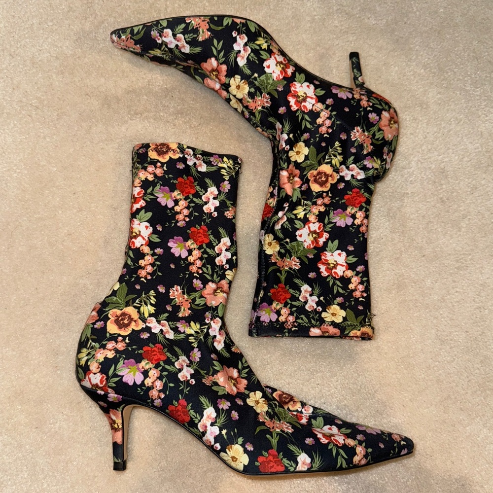 ZARA WOMAN FLORAL SOCK STRETCH HEEL POINTY TOE BOOTS